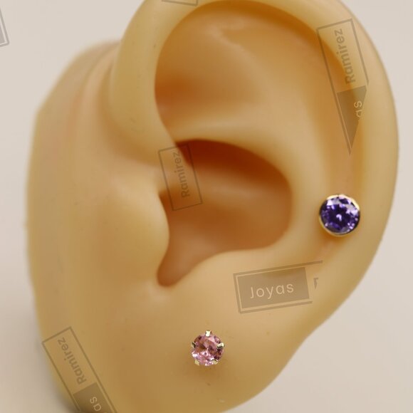 14K Solid Yellow Gold Round Pink CZ Stud Earrings • 4mm Feminine Elegant Design. - Picture 6 of 8